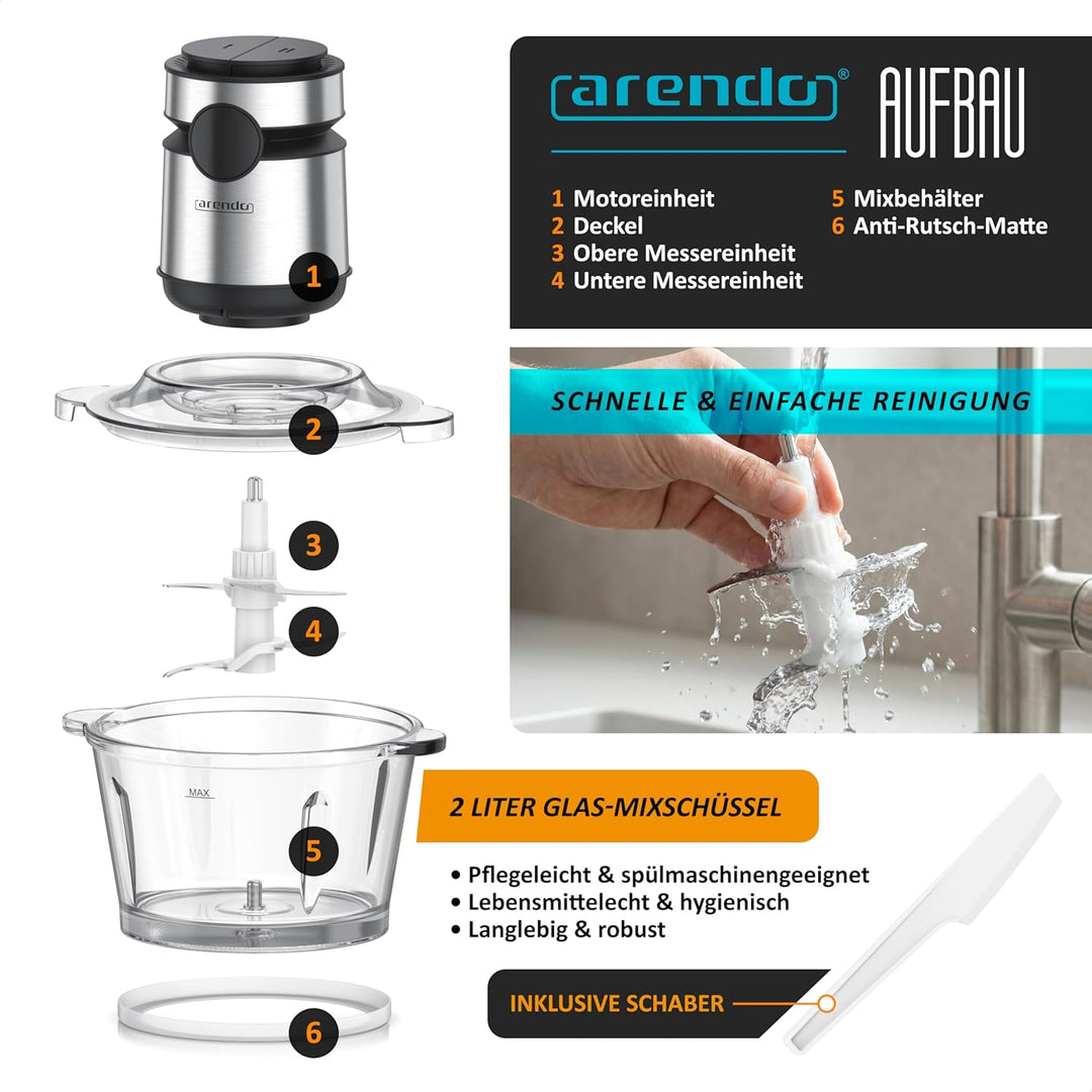 Arendo - Multi Zerkleinerer Küche elektrisch Edelstahl – extra starker 500 W Motor – 2 L Fassungsver