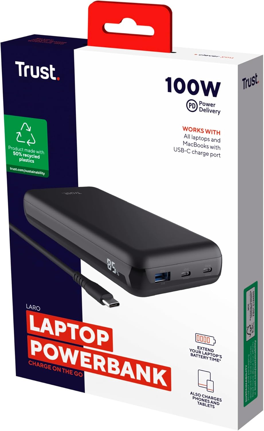 Trust Laro Laptop Powerbank 100W Schnelllade Power Bank 20000mAh 2X USB-C 1x USB-A, Powerstation Cha