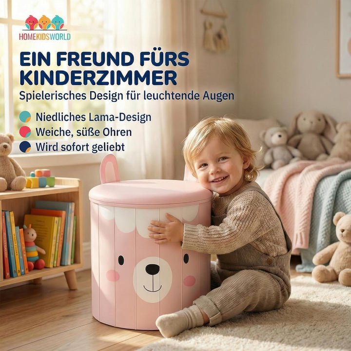 HomeKidsWorlds Kinderhocker Lama - Spielzeugkiste Kinderzimmer, Aufbewahrungsbox mit Deckel, Sitzbox