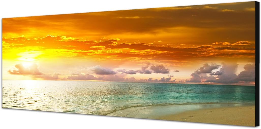 Paul Sinus Art Panoramabild auf Leinwand und Keilrahmen 150x50cm Meer Strand Sonnenuntergang Wolken