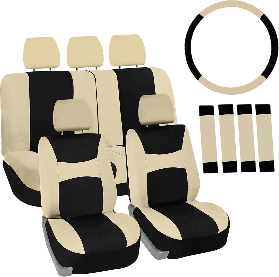 FH Group Automotive Sitzbezüge Beige Schwarz Universal Fit Sitzbezug Combo Set mit Lenkradbezug und