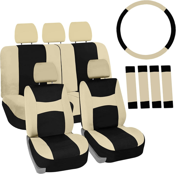 FH Group Automotive Sitzbezüge Beige Schwarz Universal Fit Sitzbezug Combo Set mit Lenkradbezug und
