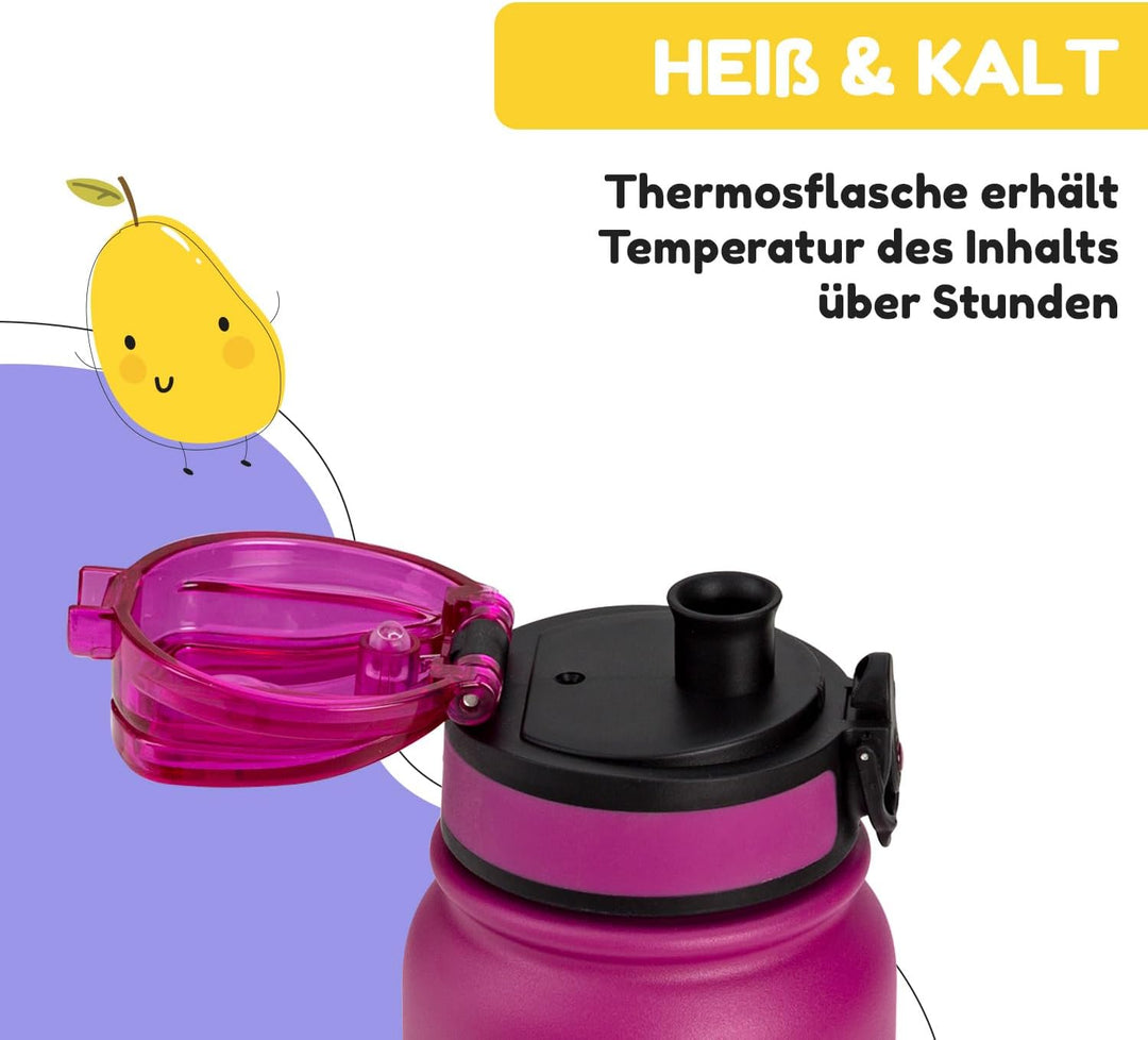 Schmatzfatz Trinkflasche Kinder Auslaufsicher, 550ml Edelstahl-Trinkflasche für Schule & Kindergarte