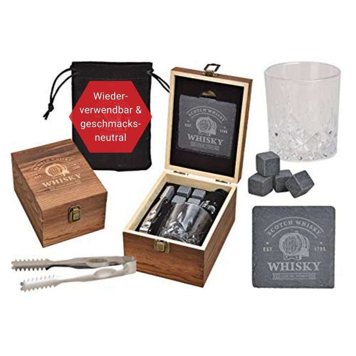 WOMA Whisky Steine Set I 4 Kühlwürfel inkl. Untersetzer, Edelstahlzange, Whiskey Glas & hochwertiger