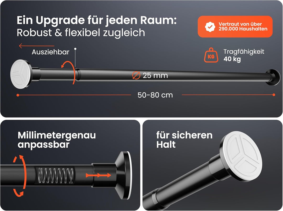 Vorhangstange ohne Bohren - Matt Schwarz, Ø 25 mm - Duschvorhang Stange zum Klemmen - Spannstange, K