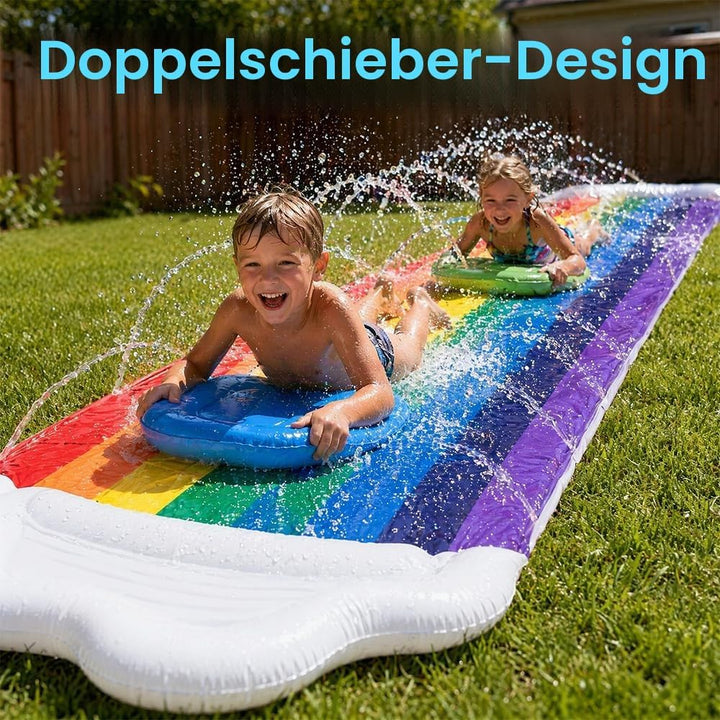 Mineup 480 x 140cm Wasserrutsche Garten, Wasserrutschmatte mit 2 Bodyboards, Doppelrutsche mit Einge