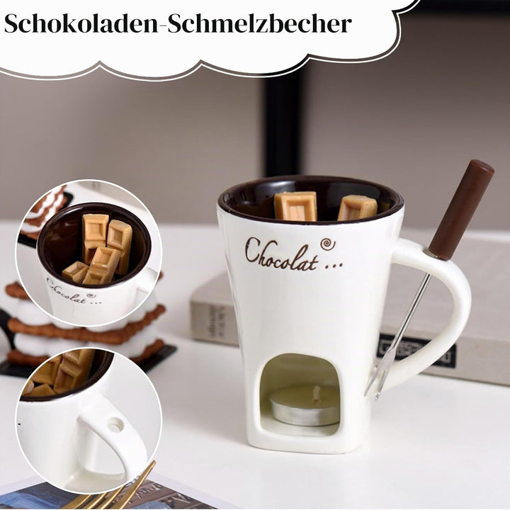 Schokofondue Tasse Keramik, 130ml Schoko Fondue Schokoladenschmelztopf für Käse und Schokolade mit G