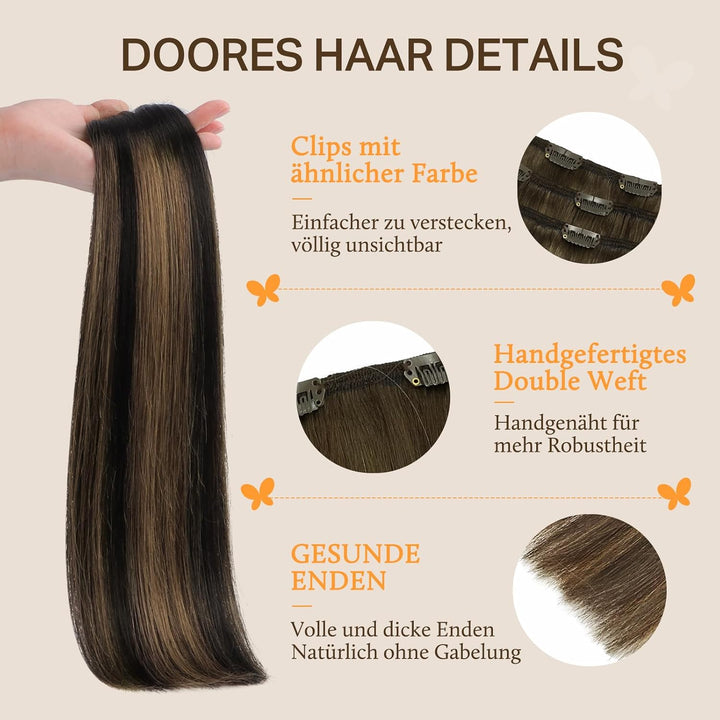 DOORES Haarverlängerungen Clip in Extensions Echthaar, Balayage Natürliches Schwarz bis Chestnut Bra