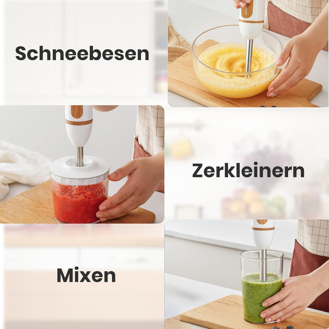 HB-DC600WH 6-in-1 Elektrischer Stabmixer, 600W Pürierstab mit Zerkleinerer, 700ml Mixbecher & 500ml