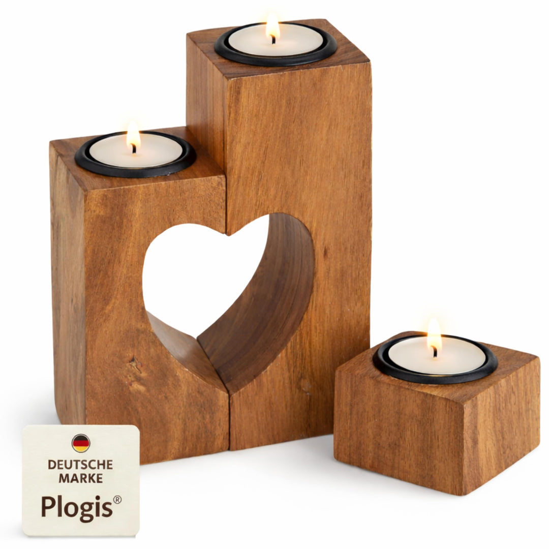 Plogis Herz Teelichthalter Holz - 3er Set aus 15cm Akazie - Kerze Jahrestag Geschenk für Sie - Holzh