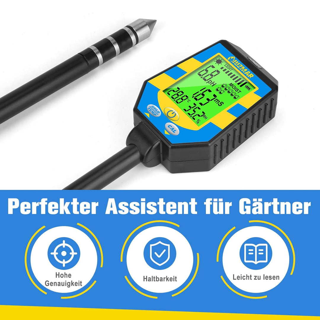 UIUZMAR Bodenfeuchtigkeitsmessgerät, Digitales Boden pH Messgerät für Pflanzen, Genauer 6-in-1 pH Fe