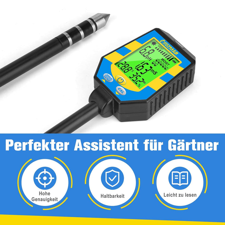 UIUZMAR Bodenfeuchtigkeitsmessgerät, Digitales Boden pH Messgerät für Pflanzen, Genauer 6-in-1 pH Fe