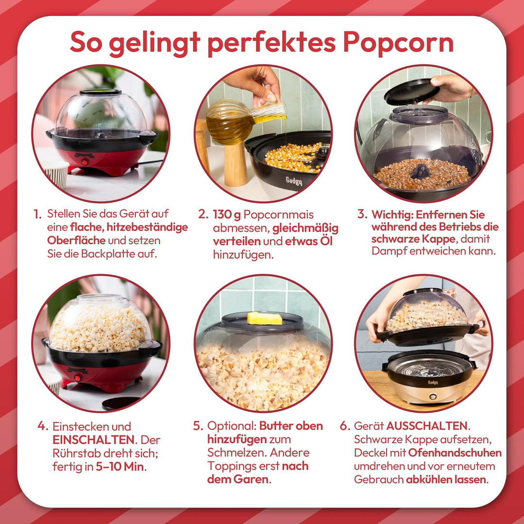 Gadgy Popcornmaschine – 800W Elektrische Popcorn Maker mit Rührwerk & Antihaft-Platte – 5L Popcornau