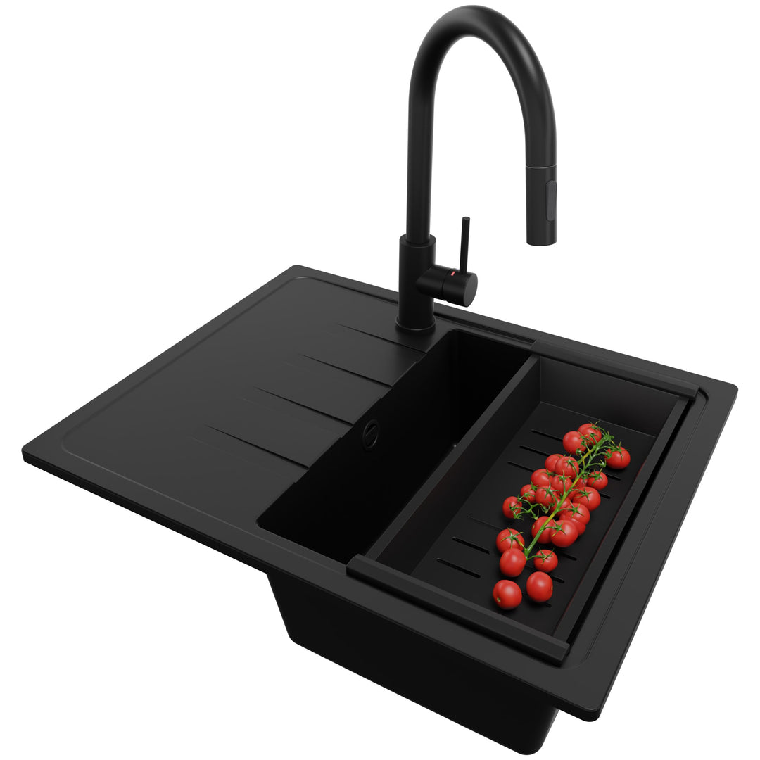 PRIMAGRAN Granitspüle Alles Schwarz 62x50cm, Spülbecken 1 Becken + Küchenarmatur 40x20cm + Ablauf-Se