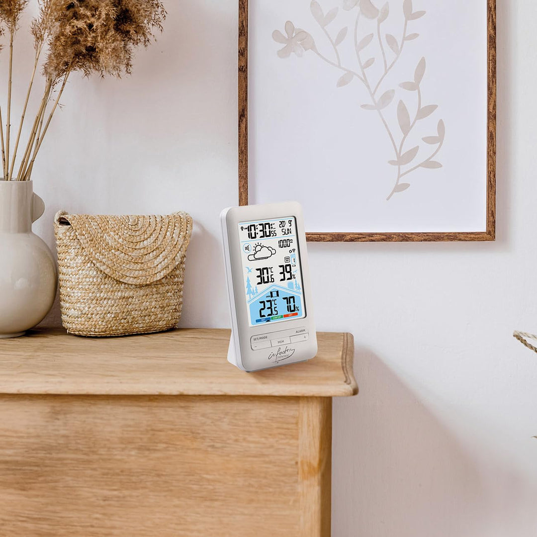 infactory Funkwecker: Funk-Wetterstation mit Aussensensor, Dual-Alarm-Wecker und Komfortindex (Uhr m