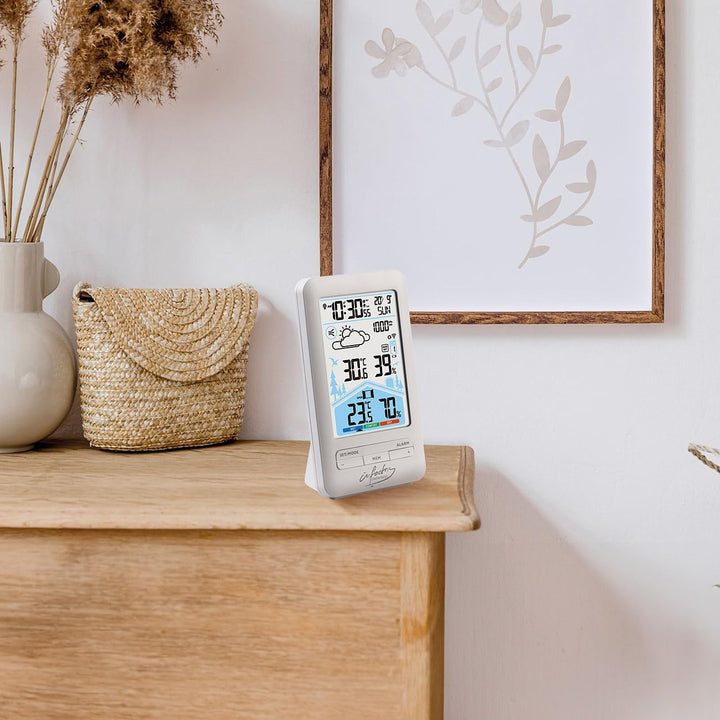 infactory Funkwecker: Funk-Wetterstation mit Aussensensor, Dual-Alarm-Wecker und Komfortindex (Uhr m