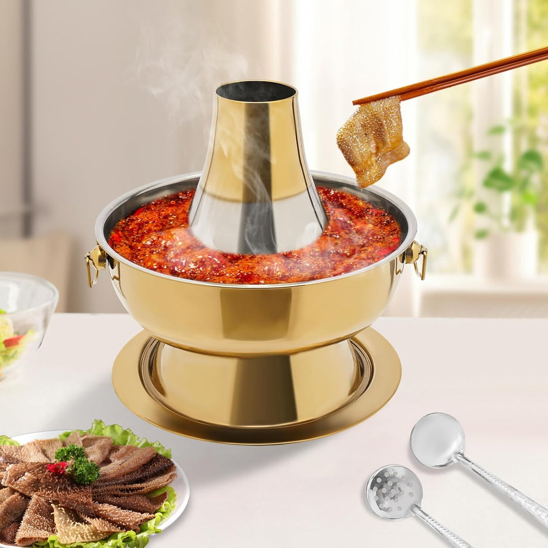 Hot Pot Topf, 2.3 Litre Campingherde Hot Pot aus Edelstahl, Messingfarbe Hotpot mit Schornstein, Chi