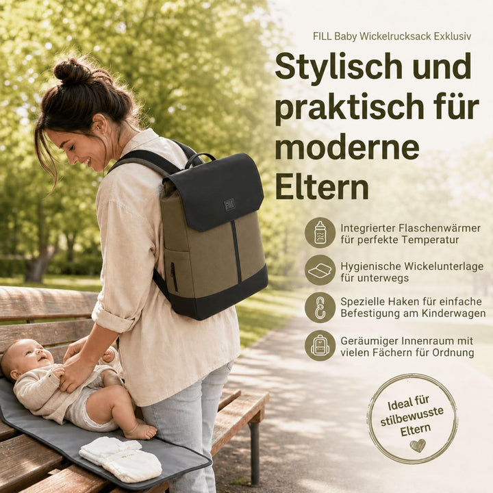 FILL Baby Wickelrucksack Exklusiv | Grosse Wickeltasche Mama Rucksack mit Flaschenwärmer und Wickelu