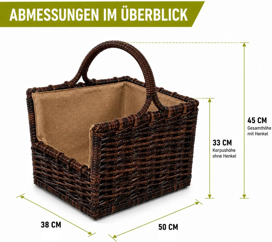 Kobolo Holztrage Holzkorb für Kaminholz - aus Rattan mit abnehmbaren, 51x40x28