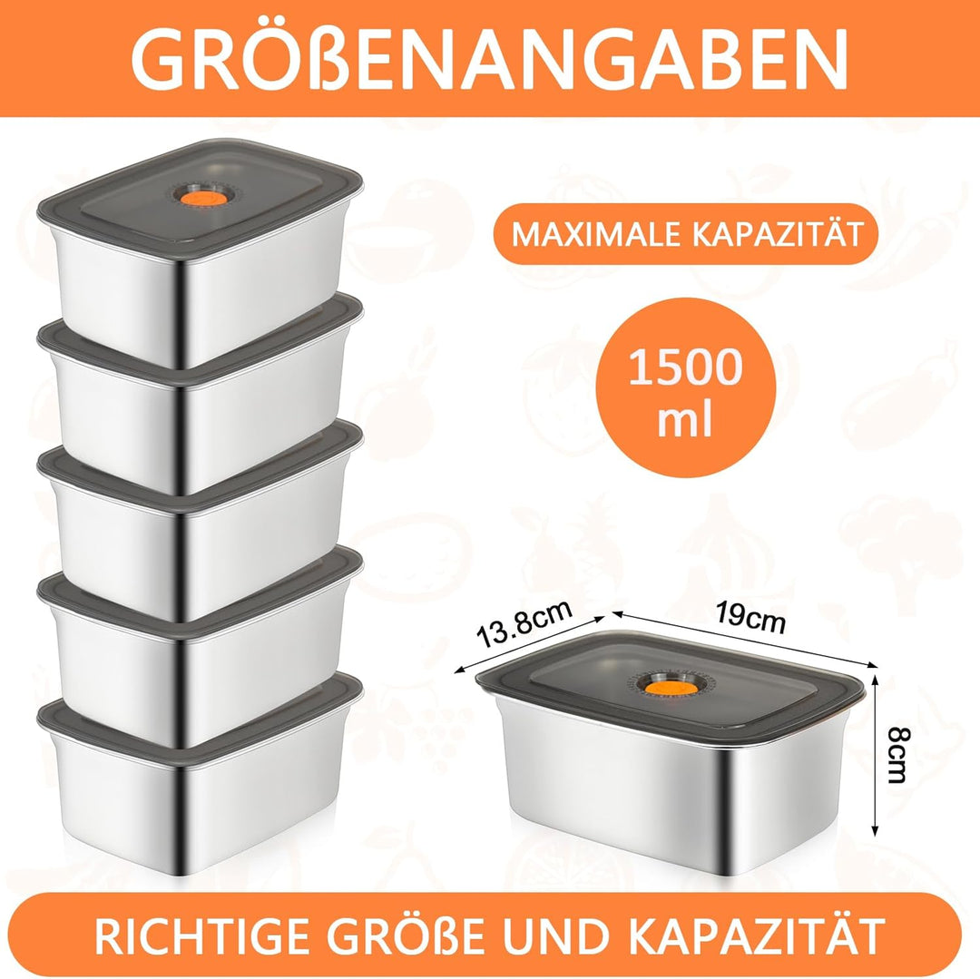 10 Stück Edelstahl Frischhaltedosen mit Silikondeckel, 1500 ml Meal Prep Boxen, Stapelbare Metall-Le