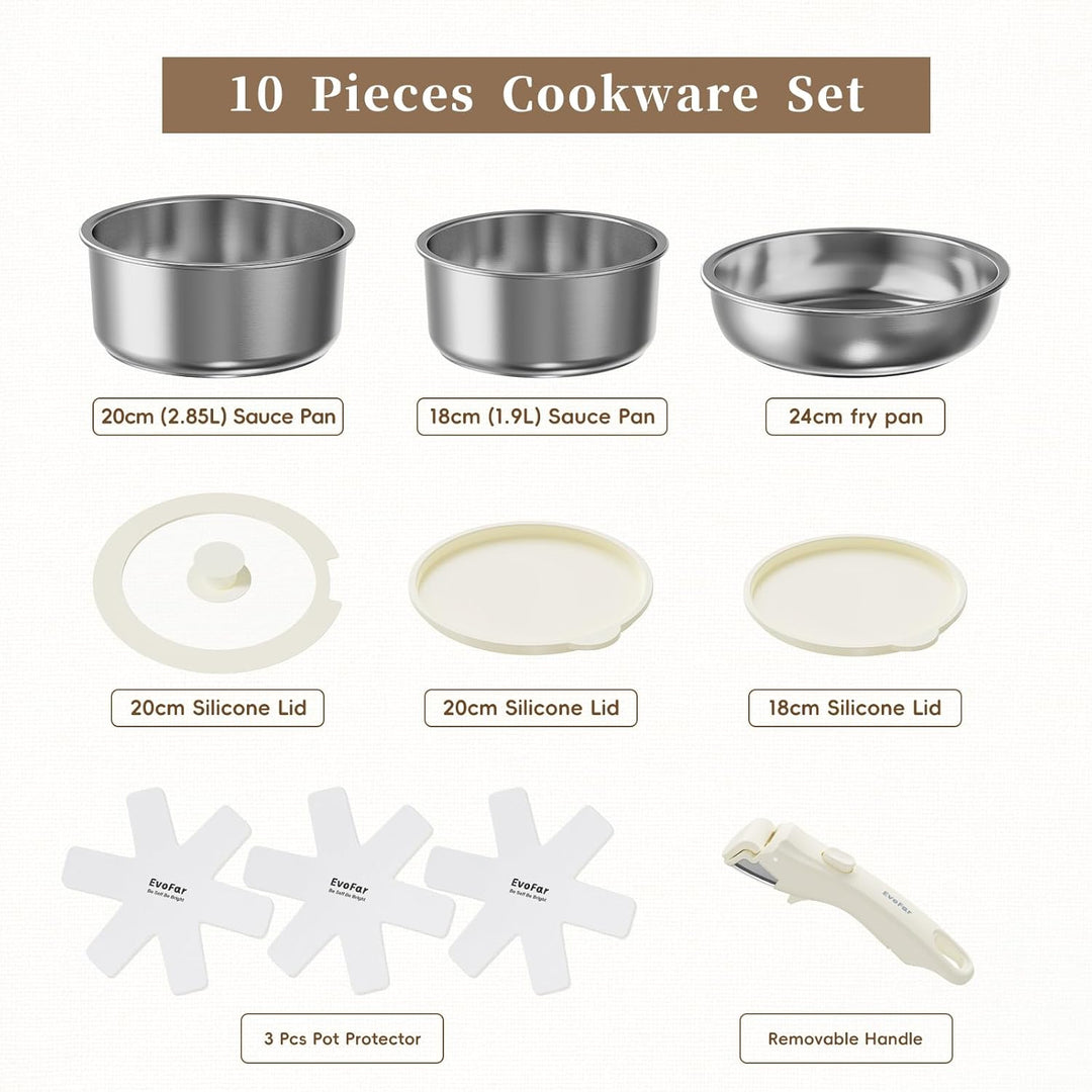 10Stk Topfsets Edelstahl Pfannenset mit Abnehmbaren Griffen, Pfanne 24cm, Topf 18/20cm, Stapelbar To