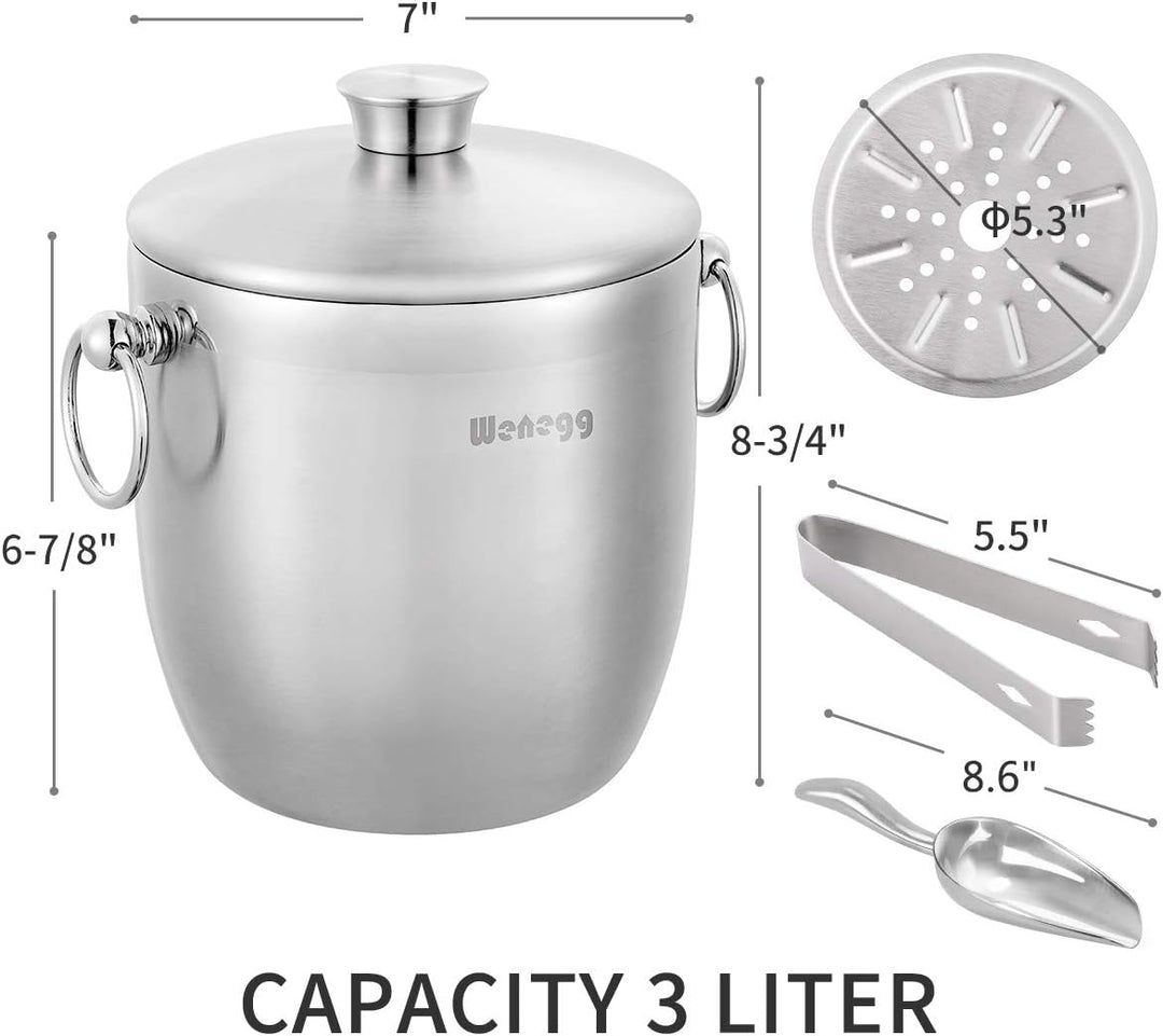 3L Eiskübel Edelstahl mit Deckel, Schaufel, Zange und Sieb – gut verarbeiteter isolierter Edelstahl