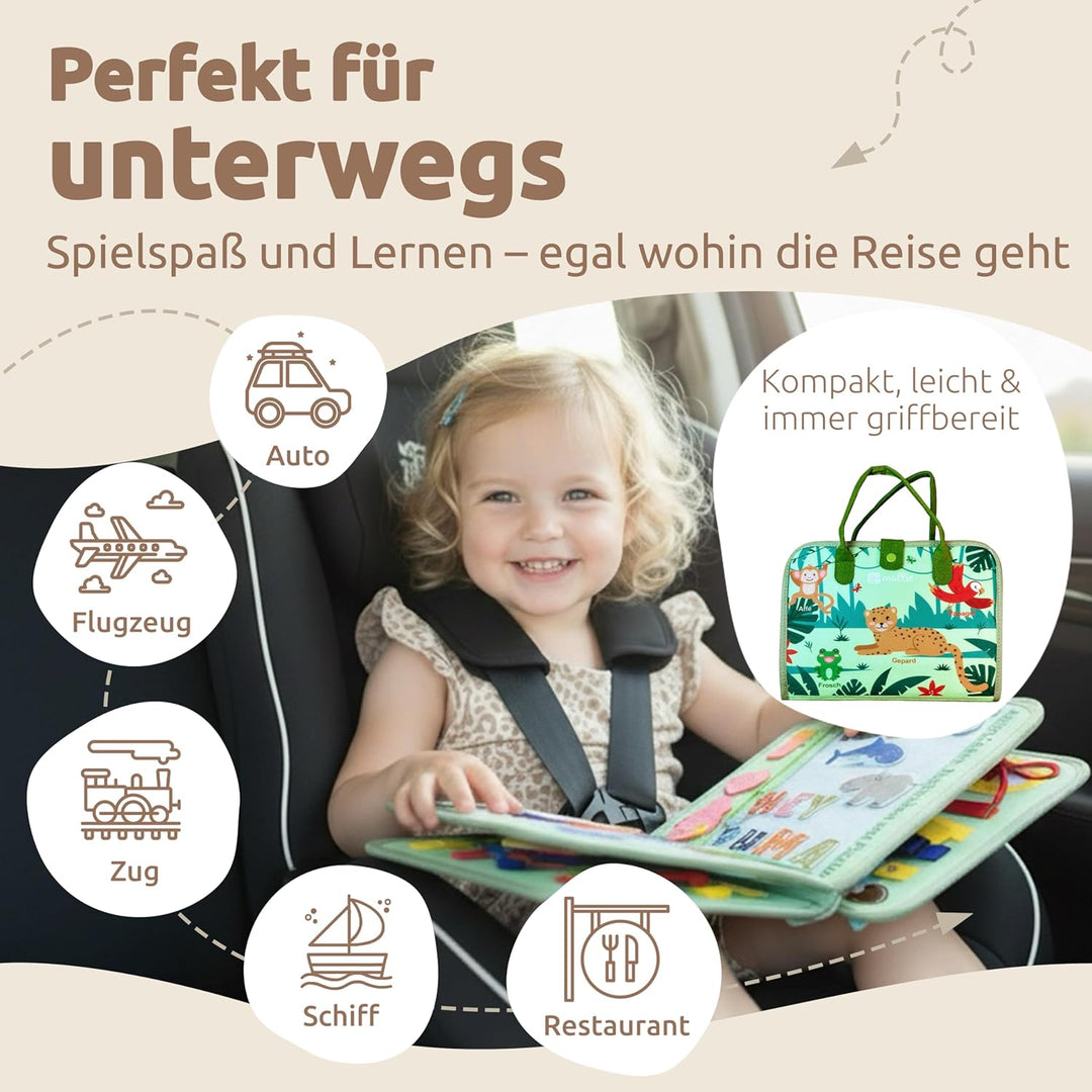 Mallie® Montessori Busy Board mit Rollenspiel-Set & Fingerpuppen [Version 2025] Lernbuch - Fördert F