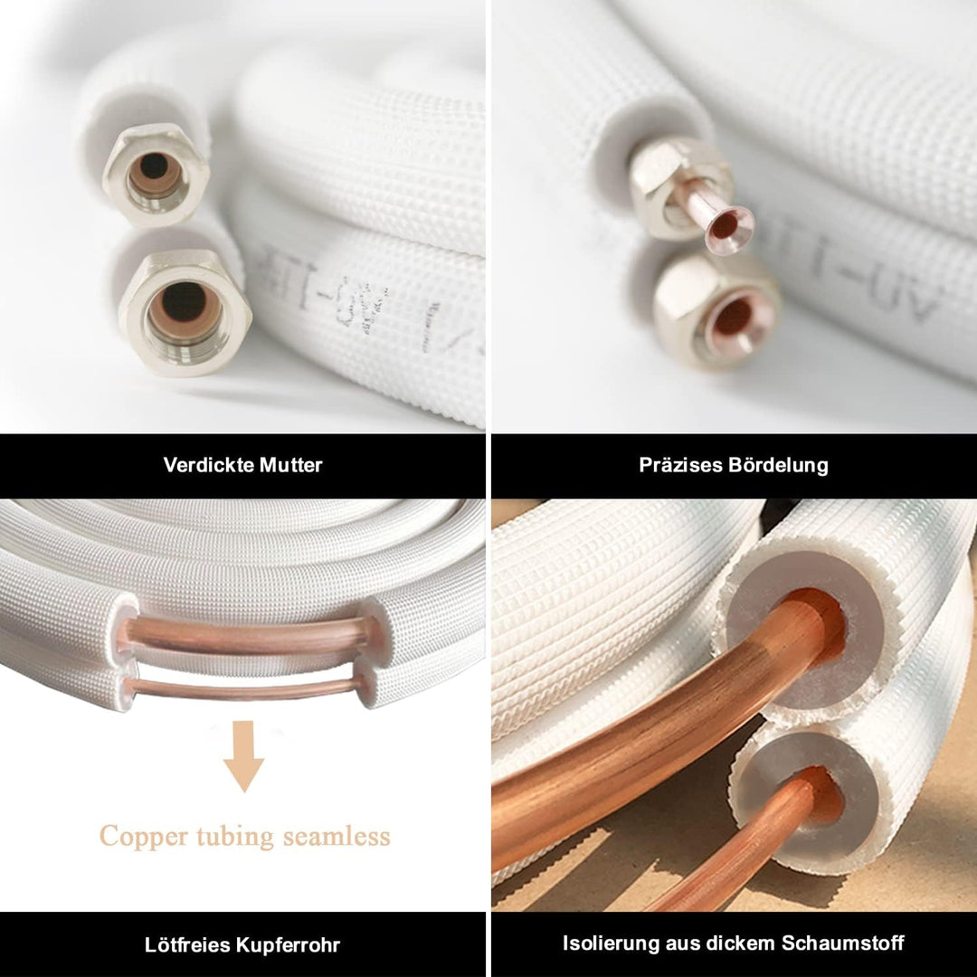 2x 5m 1/4"+3/8" Zoll Kupferleitungen Kältemittelleitungen Isoliert Kupferrohr für 9000/12000 BTU Mon