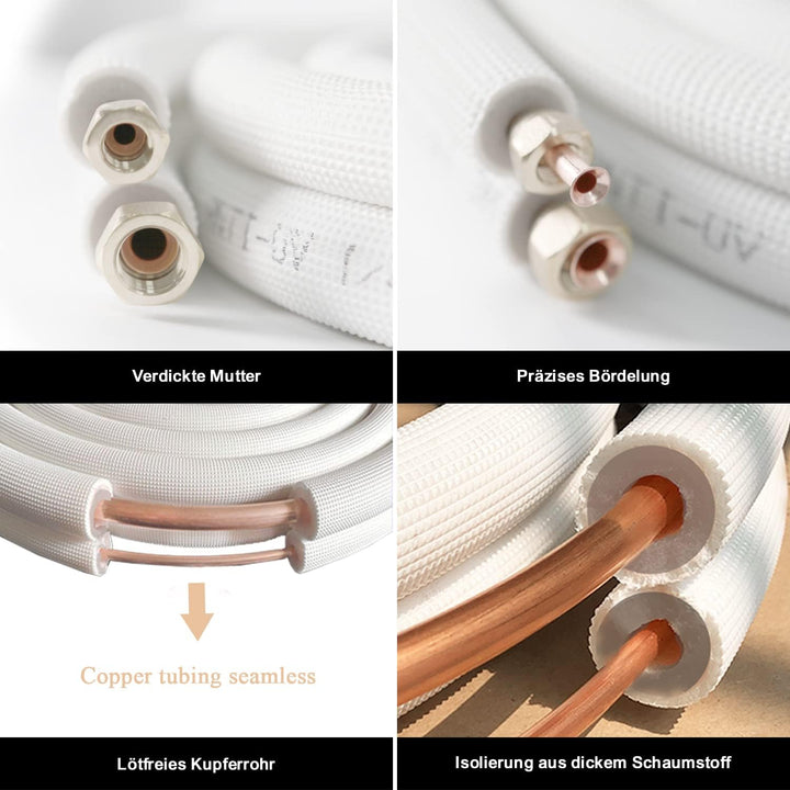 2x 5m 1/4"+3/8" Zoll Kupferleitungen Kältemittelleitungen Isoliert Kupferrohr für 9000/12000 BTU Mon