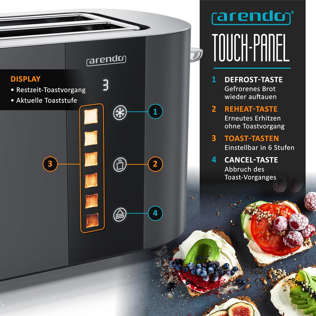 Arendo - Edelstahl Toaster 4 Scheiben Langschlitz - Touchscreen – Doppelwandgehäuse – 1500 W – Integ