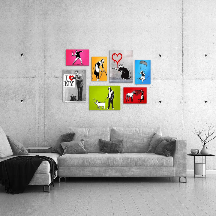 Novart Wandbilder Banksy Collage - KOMPLETT AUFHÄNGFERTIG - Bunt Wohnzimmer Büro - 7 Moderne Mood-Bi
