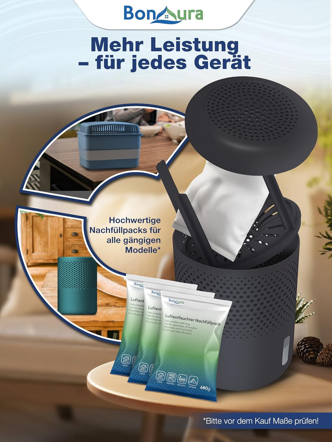 BonAura® Luftentfeuchter ohne Strom | Raumentfeuchter bis 23m² für Keller, Bad | mit 680g Luftenfeuc