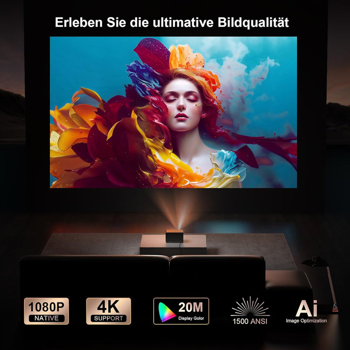 Beamer 4K Passend für Netflix Dolby Audio 35000L 1080P FHD Smart Beamer Heimkino, KI-Autofokus & Tra