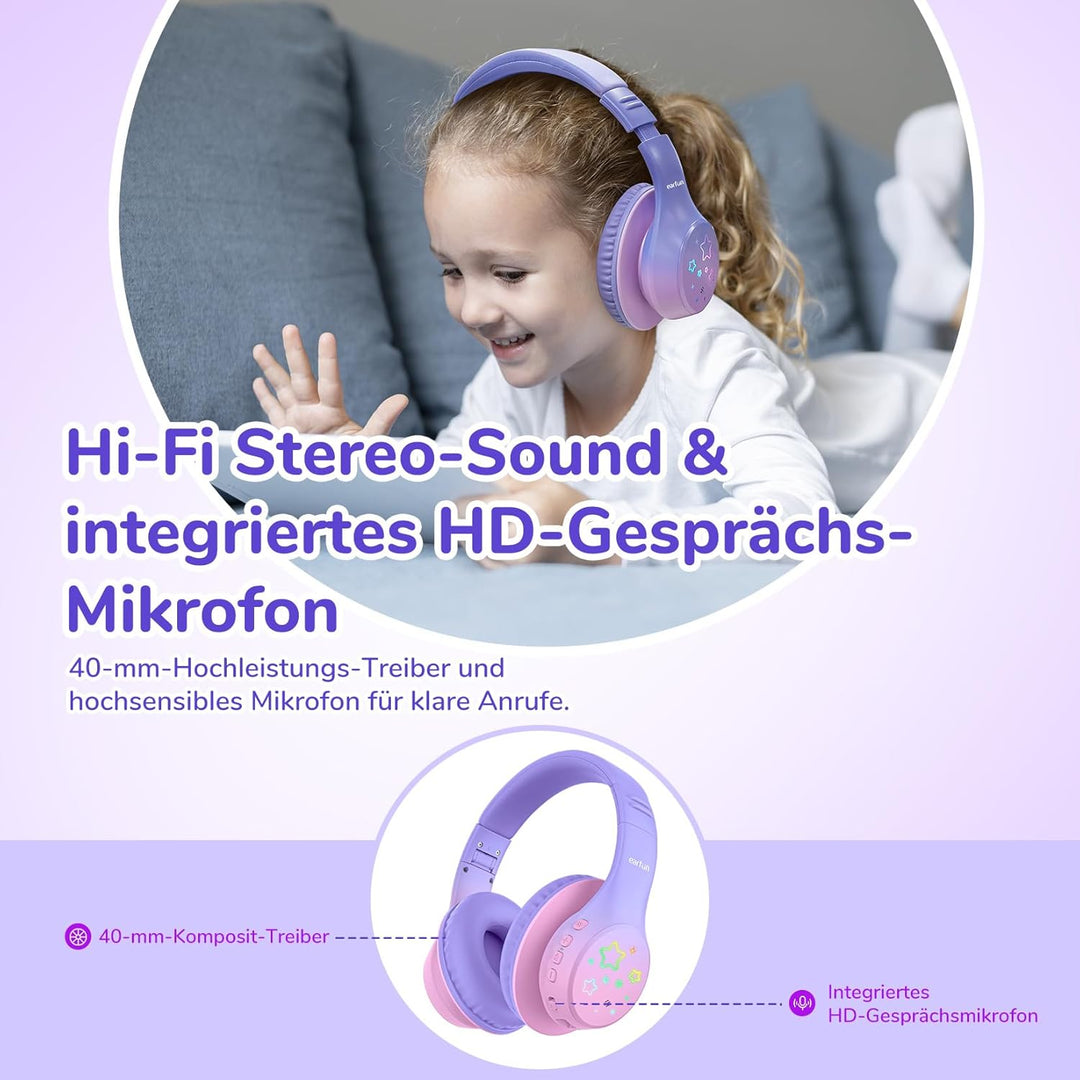EarFun Bluetooth Kopfhörer Kinder, 5 LED-Beleuchtungsmodi, 74/85/94 dBA Lautstärkebegrenzung, 90 Std