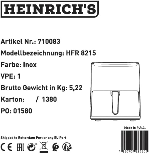 HEINRICHS Heissluftfritteuse, 5 Liter XL Air Fryer, 12in1 Heissluftfritteuse, LED-Display mit Sensor