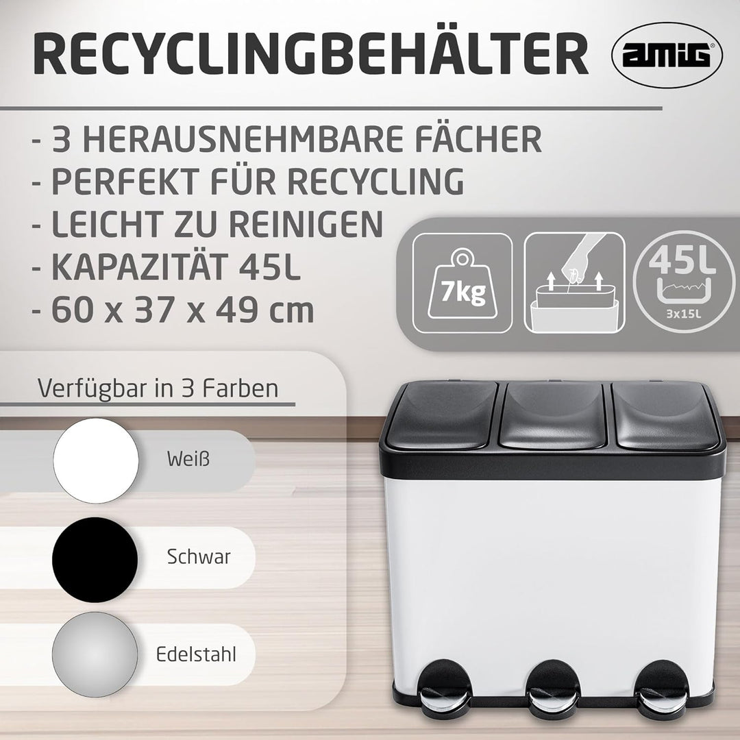 Amig - Dreifacher Mülleimer mit Pedalen 45 Liter | 3 herausnehmbare 15-Liter-Fächer | Recyclingbehäl