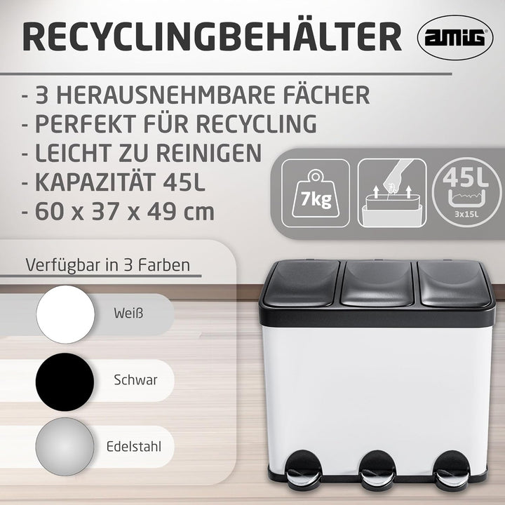 Amig - Dreifacher Mülleimer mit Pedalen 45 Liter | 3 herausnehmbare 15-Liter-Fächer | Recyclingbehäl