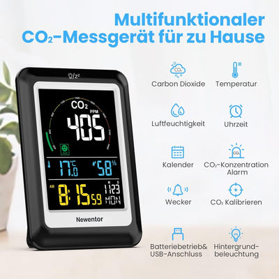 Newentor CO2 Messgerät, 4 CO2-Konzentrationsstufen mit Alarm und Lüftungsempfehlungen, Batteriebetri