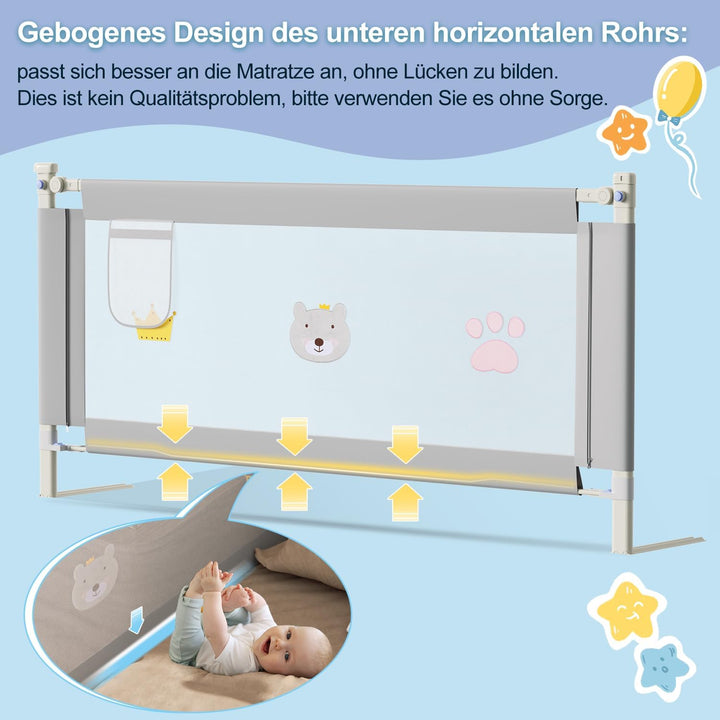 Ikodm Bettgitter 180cm, 70-98 cm Höhenverstellbar, Babybettgitter für Kleinkinder, Rausfallschutz Be