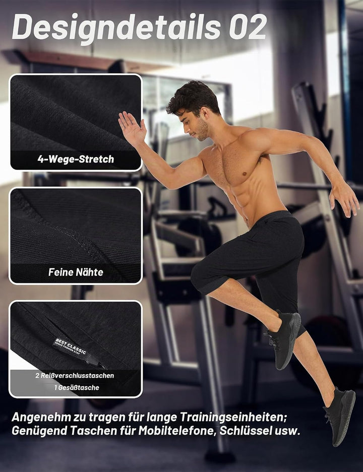 MAGCOMSEN Herren Sport Short 3/4 Trainingshose Sommer Jogging Capri mit Reissverschlusstaschen Leich