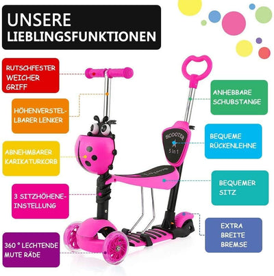 YOLEO 5-in-1 Kinder Roller Scooter mit Abnehmbarer Karikaturkorb Sitz Schubstange LED grosse Räder B