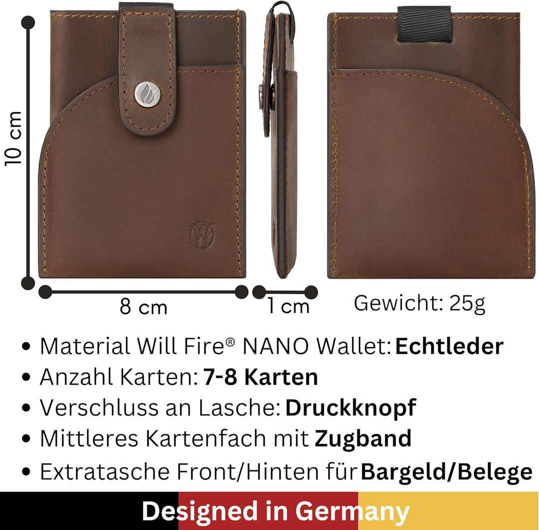 Will Fire® Nano Wallet | Minimal Slim Wallet | Mini Geldbörse Herren & Damen klein | Leder Portmonee