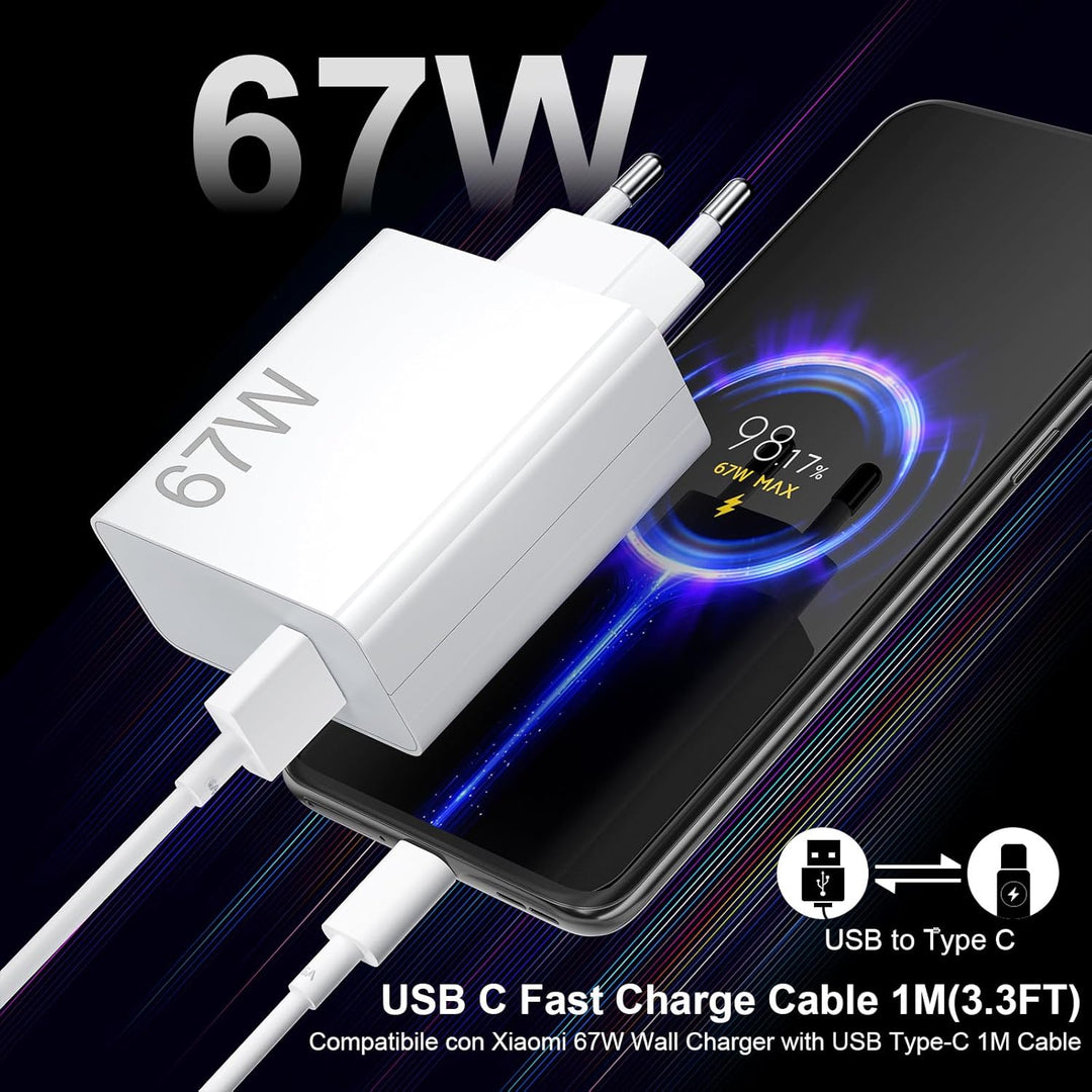 67W USB Ladegerät mit 6A USB C Kabel 1M für Mi Turbo Charge Schnelles Ladegerät für Redmi Note 12 11