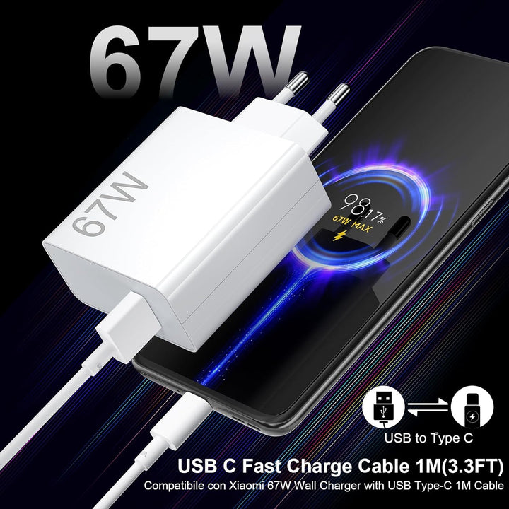 67W USB Ladegerät mit 6A USB C Kabel 1M für Mi Turbo Charge Schnelles Ladegerät für Redmi Note 12 11