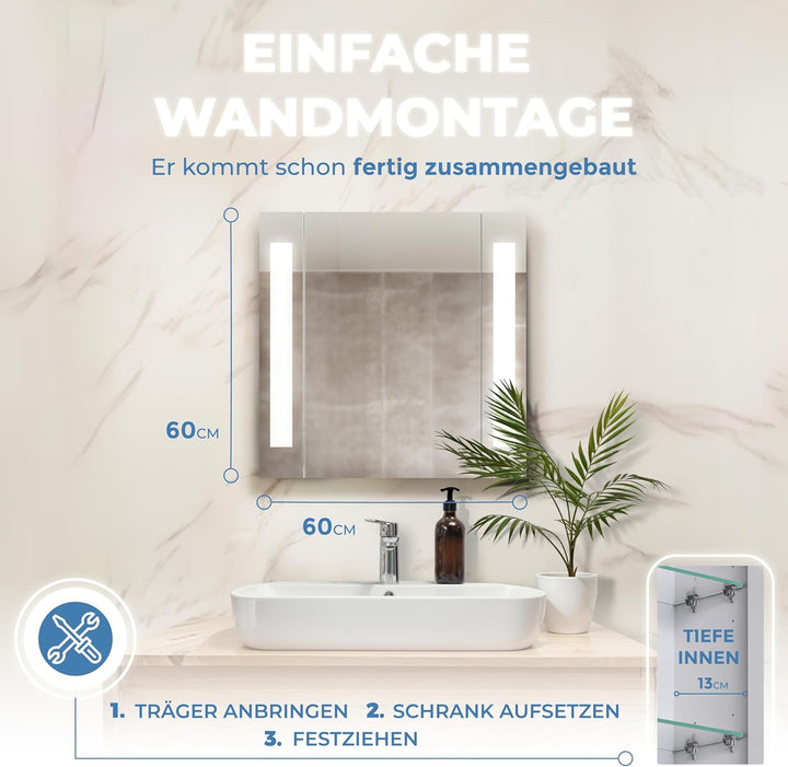 HAPA Design Bad Spiegelschrank mit Beleuchtung und Steckdose Venedig. Austauschbare LED Beleuchtung