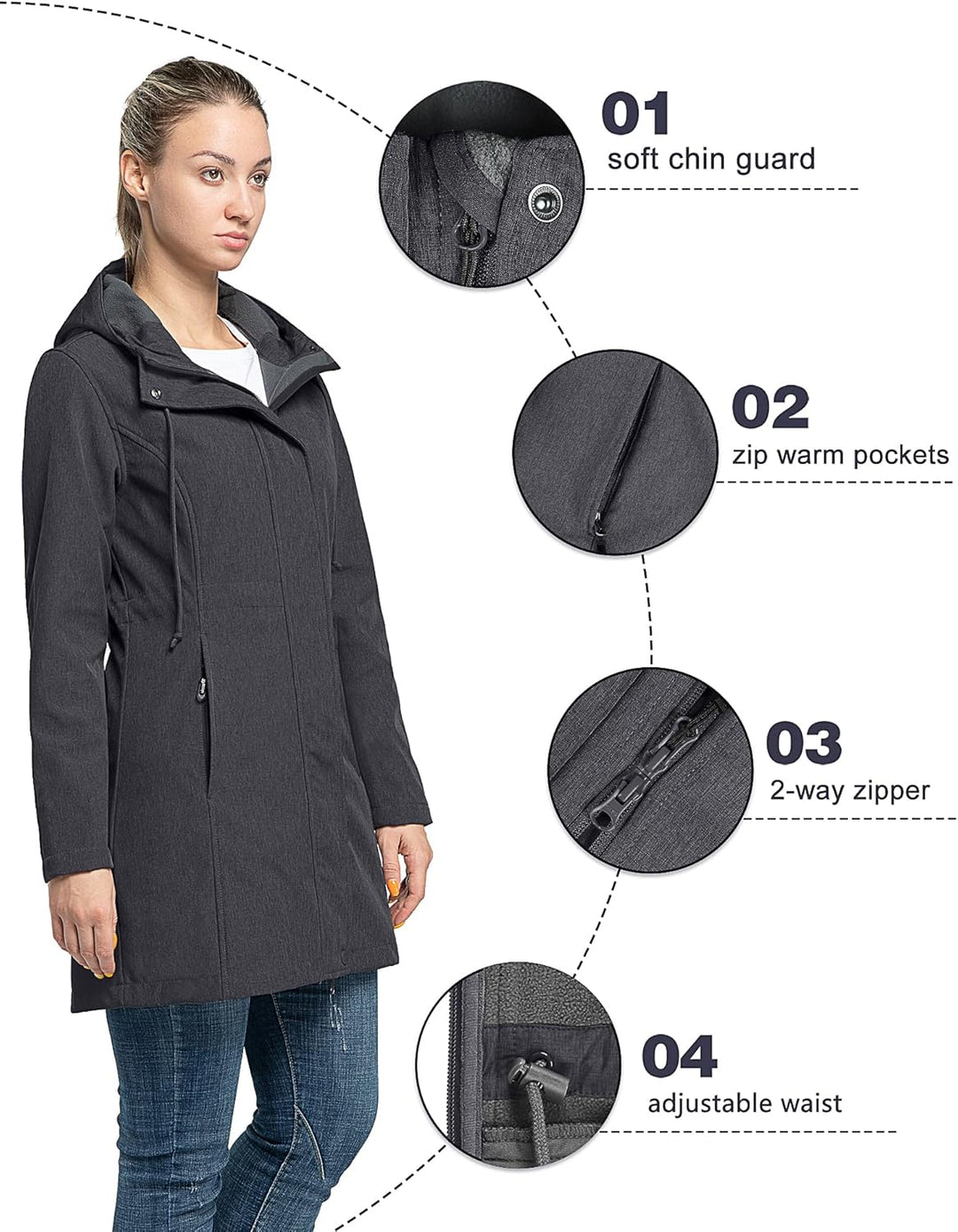 33,000ft Damen Leichte Wasserdichte Softshell Regenjacke Lange Funktionsjacke Übergangsjacke Windjac