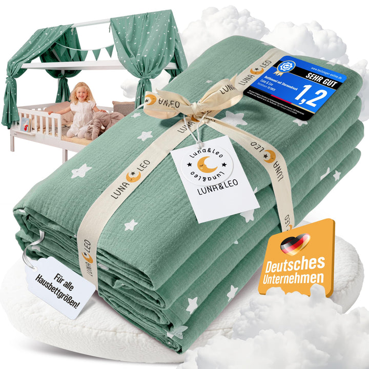 Luna & Leo Hausbett Himmel 3-TLG - mit Sternendruck [Bio Musselin Baumwolle] Handmade | Himmelbett V