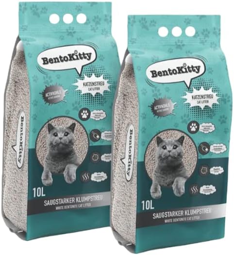BentoKitty Katzenstreu (20L, 2er Pack) mit Aktivkohle, Klumpend, weiss, feinkörnig, Klumpstreu aus B