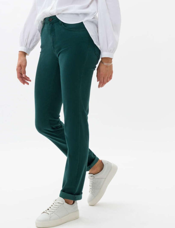 BRAX Damen Style Carola Five-Pocket Wertigem Baumwollsatin Hose 36W / 34L Dark Malachite, 36W / 34L