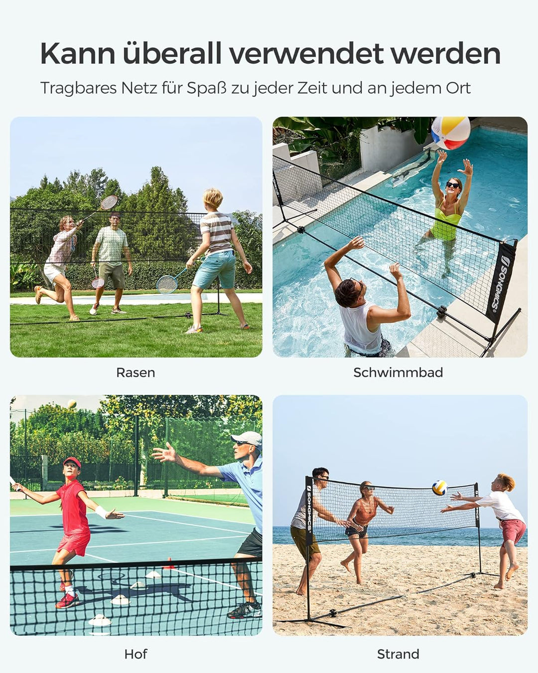 SONGMICS 3 m Badminton-Netz, Volleyballnetz, höhenverstellbare Stangen, tragbares Set für Tennis 4 m